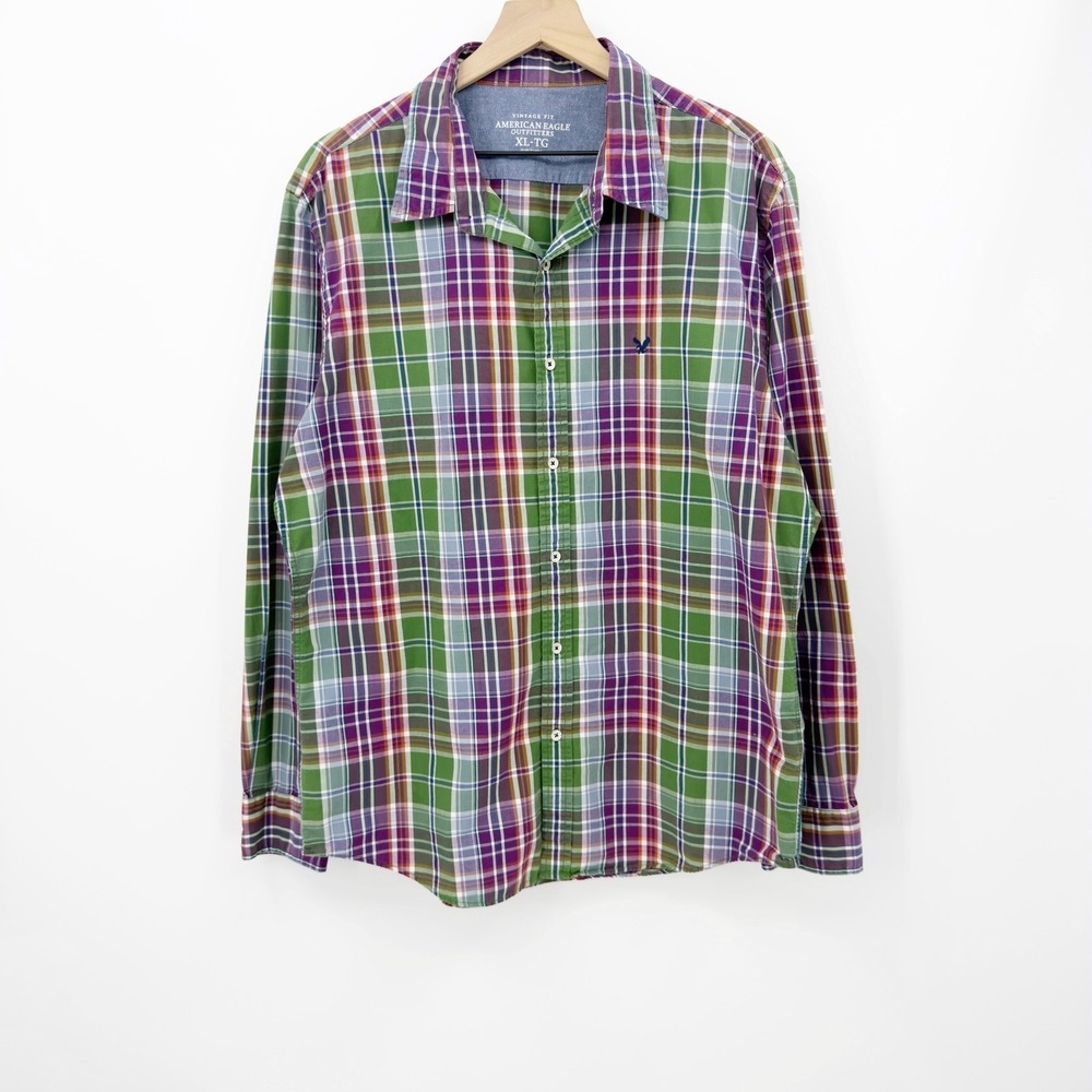 American Eagle Shirt Plaid Button Up Vintage Fit Green Purple XL Preppy Normcore